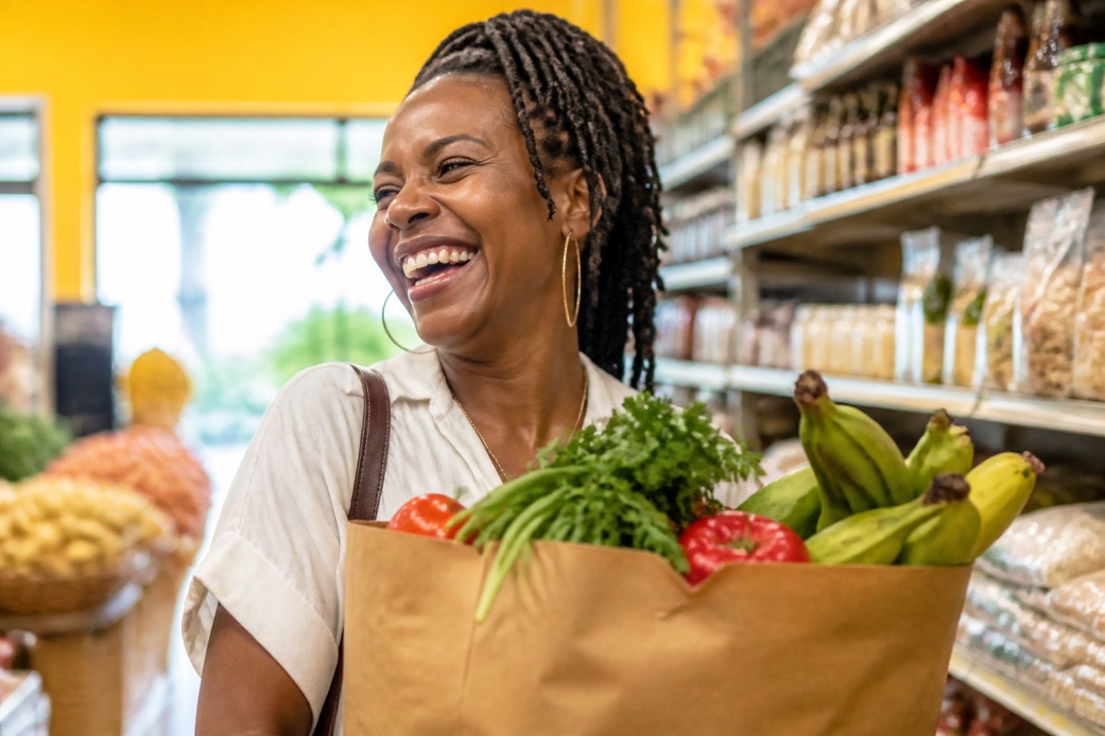 A happy shopper with fresh produce — the feeling of a good trip to the market