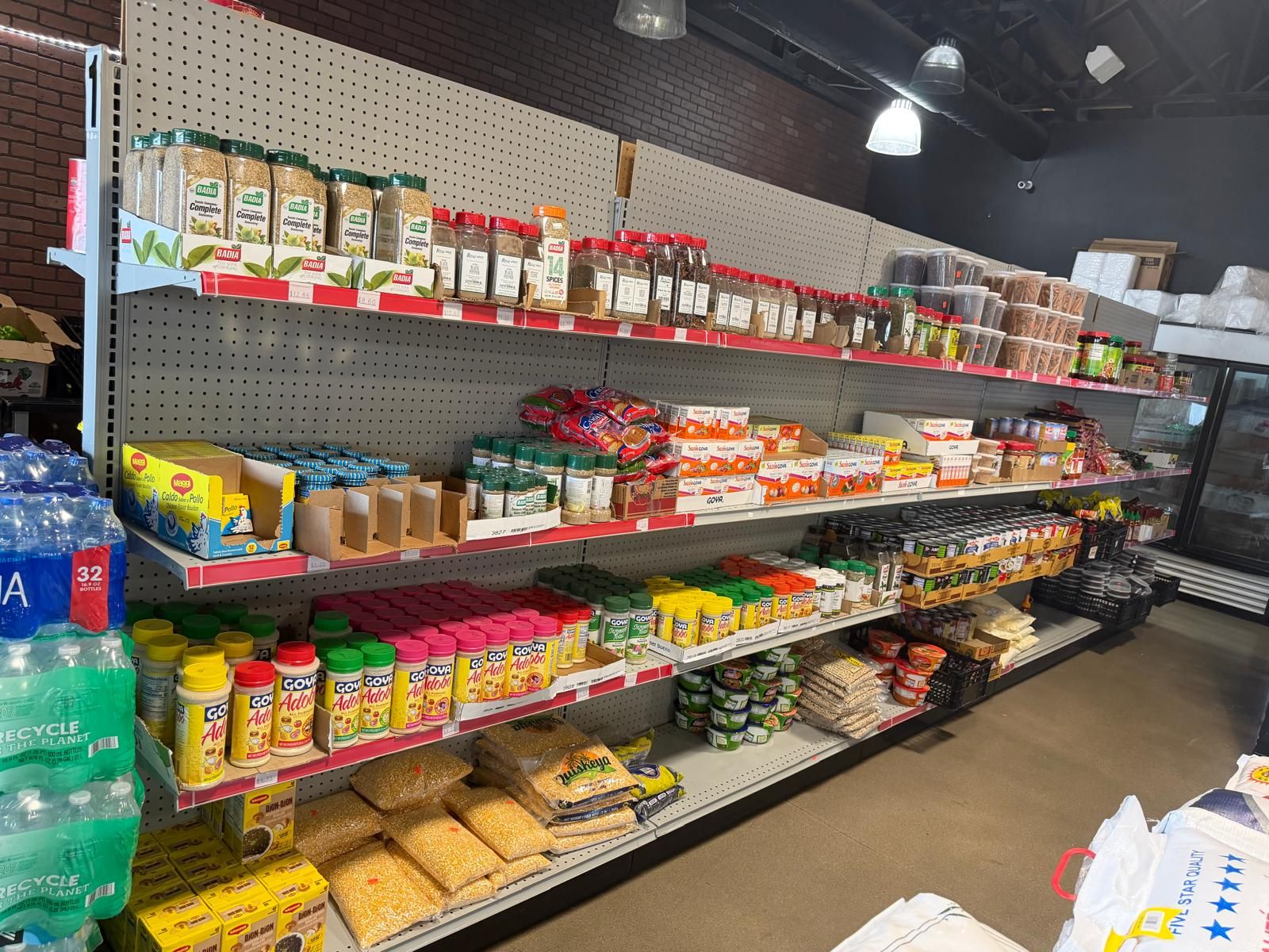 The seasoning aisle at JNS Food Market — Badia complete seasoning, Goya adobo, Maggi cubes, whole spices, and bulk seasoning jars lined up shelf after shelf.