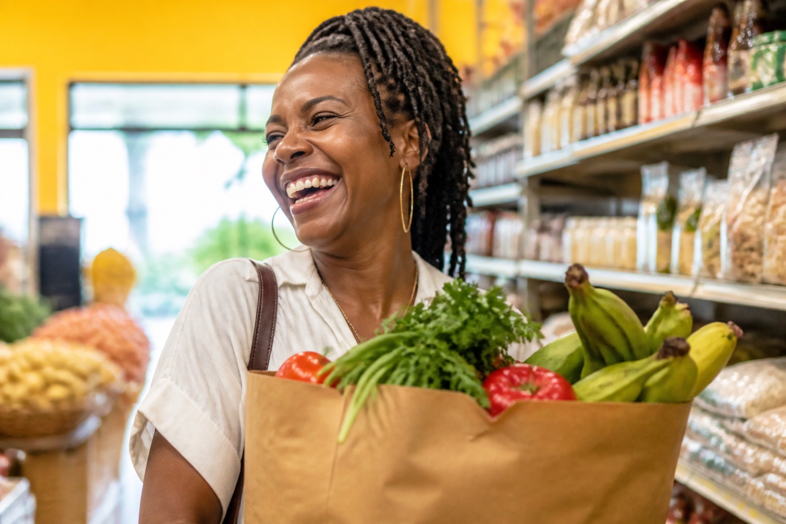 A happy shopper with fresh produce — the feeling of a good trip to the market